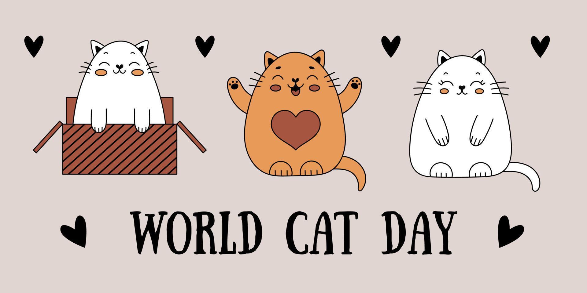 schattig tekening katten. ansichtkaart naar de Internationale dag van katten. vrolijk kat in een doos. vector illustratie met huisdieren.