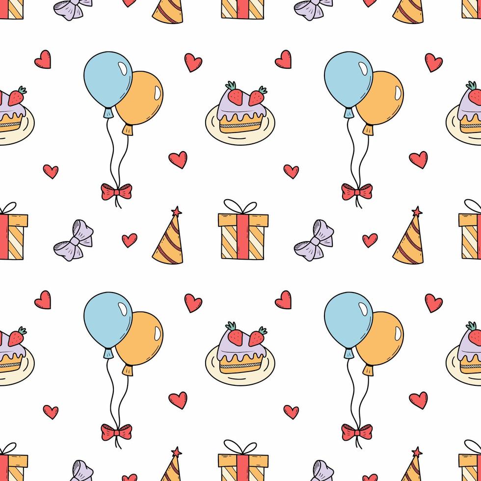 naadloos verjaardag patroon. feestelijk illustratie voor het drukken Aan kleding stof en omhulsel papier. ballon, geschenk en taart. vector
