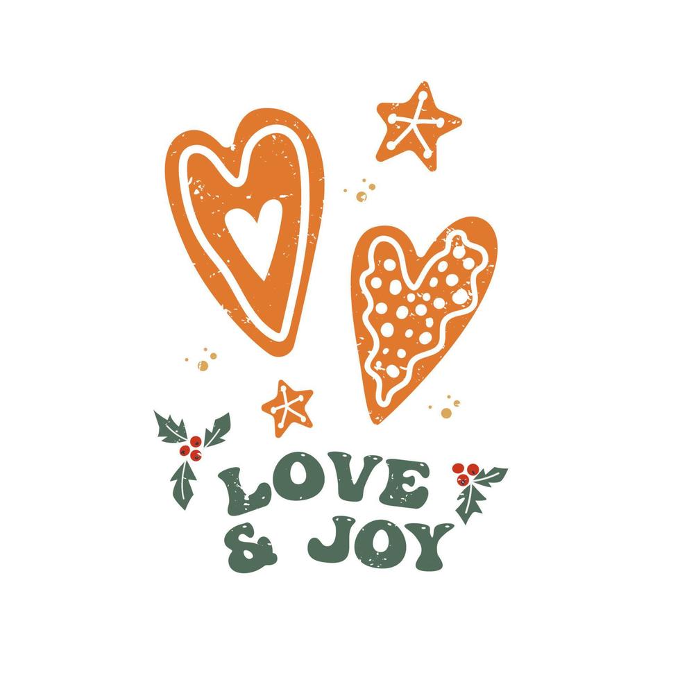 Kerstmis teken - liefde vreugde met schattig peperkoek harten. vector winter citaat in retro groovy stijl.
