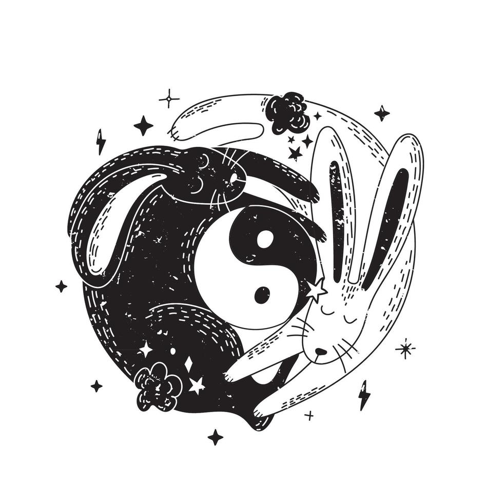 magie yin yang konijn. twee schattig zwart en wit konijnen met de vorm van yin yang. vector