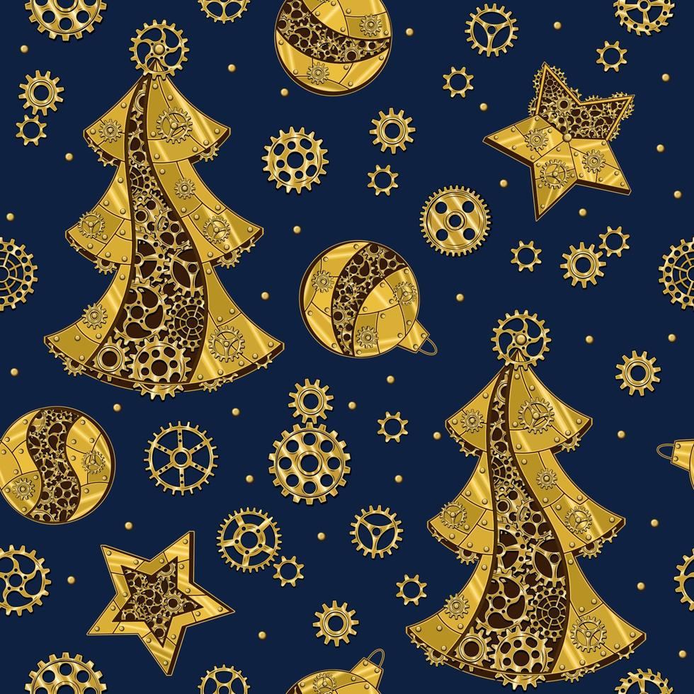 patroon met versnellingen en Kerstmis boom, Kerstmis ballen gemaakt van glimmend messing, goud metaal platen, versnellingen, tandwielen, klinknagels in steampunk stijl Aan blauw. Kerstmis achtergrond. vector