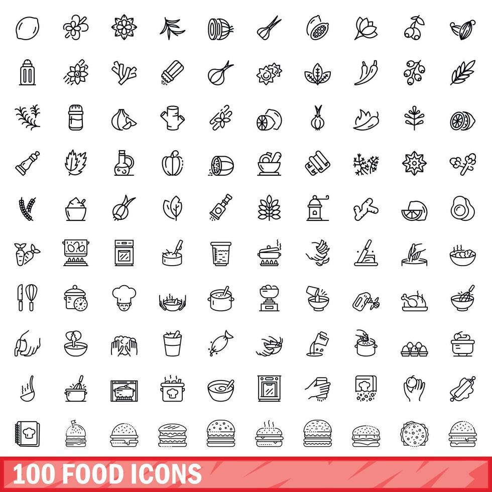 100 voedsel iconen set, Kaderstijl vector