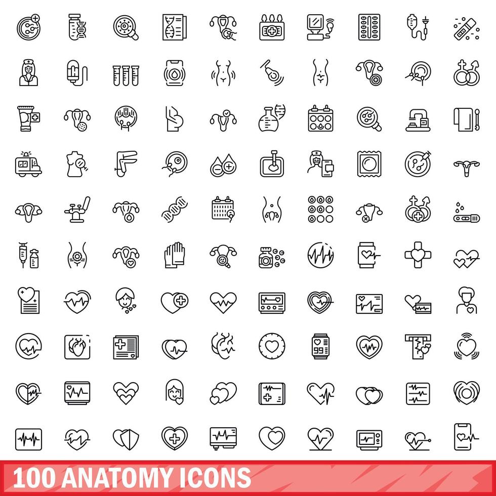 100 anatomie pictogrammen set, schets stijl vector