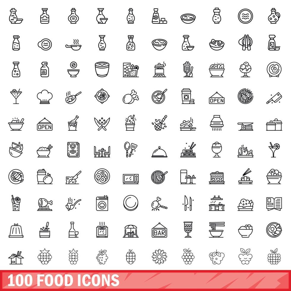 100 voedsel iconen set, Kaderstijl vector