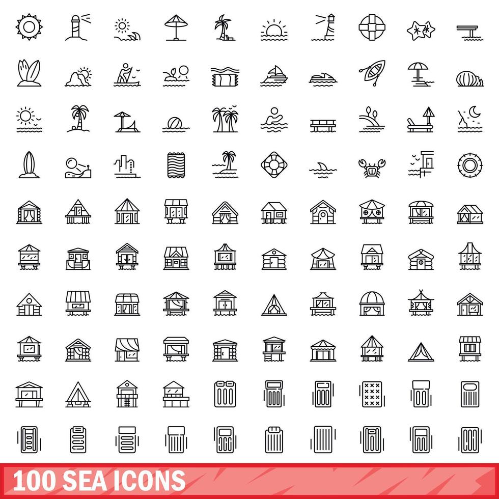 100 zee iconen set, Kaderstijl vector