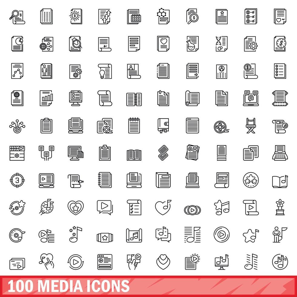 100 media iconen set, Kaderstijl vector