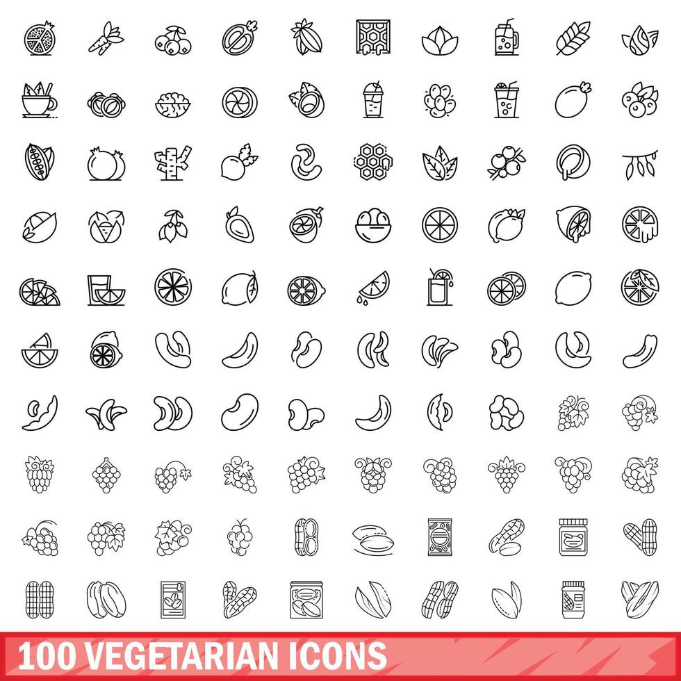 100 vegetarische iconen set, Kaderstijl vector