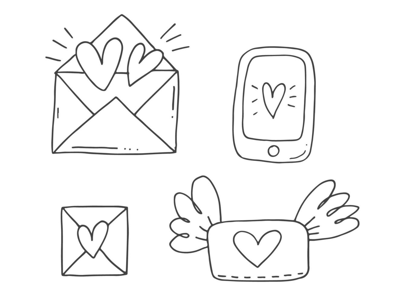 reeks van schattig hand getekend tekening elementen over liefde. bericht stickers voor apps. pictogrammen voor valentijnsdag dag, romantisch evenementen en bruiloft. enveloppen met brieven en Vleugels en telefoon met bericht en hart. vector
