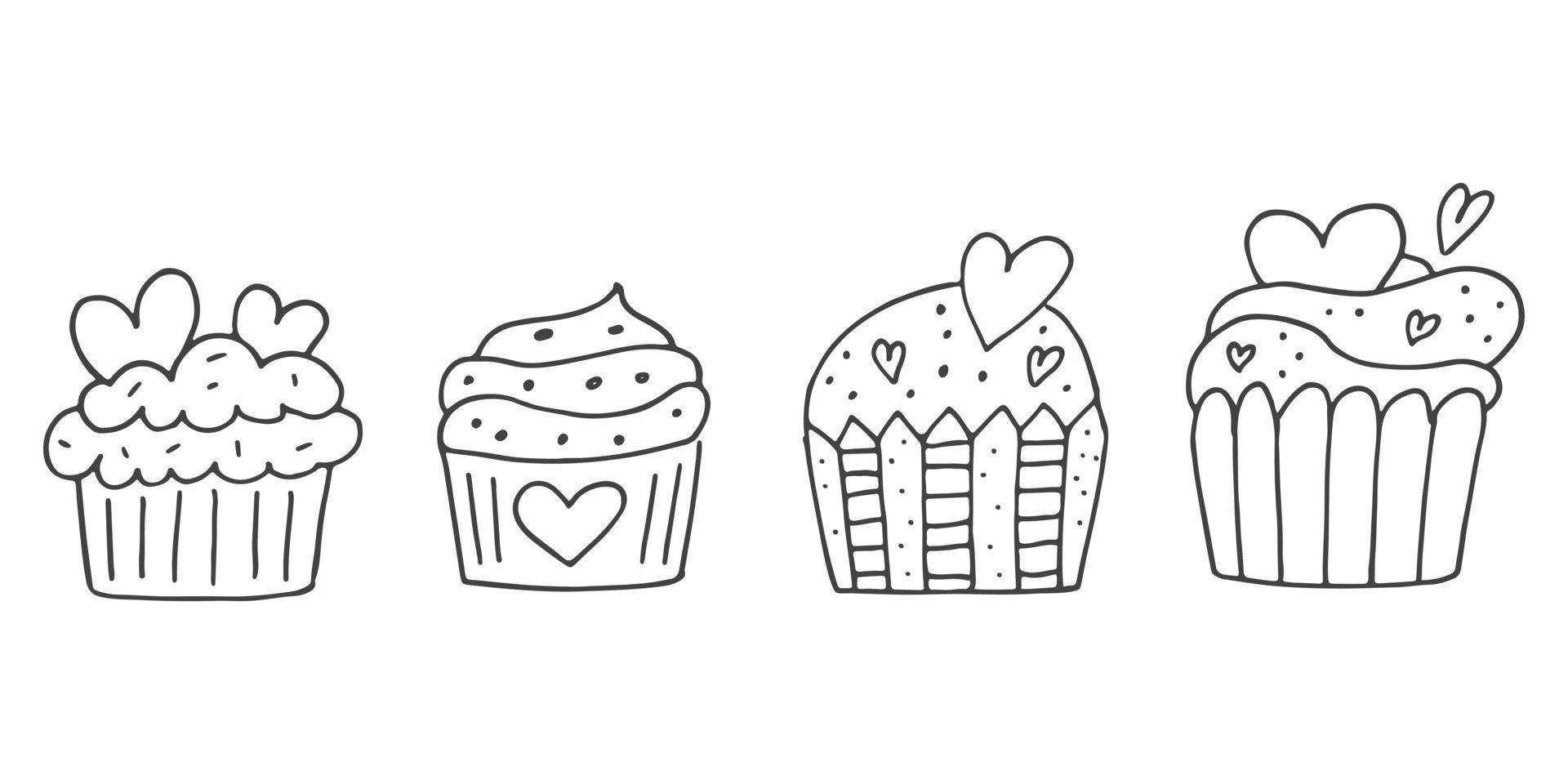 reeks van schattig hand getekend tekening elementen over liefde. bericht stickers voor apps. pictogrammen voor valentijnsdag dag, romantisch evenementen en bruiloft. cupcakes met harten. vector