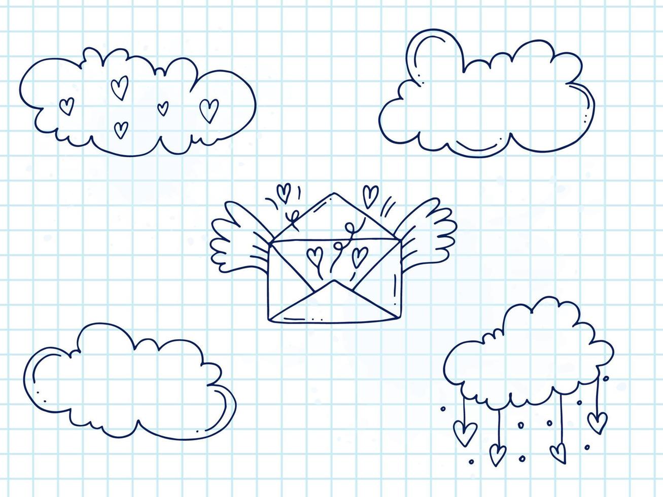 reeks van schattig hand getekend tekening elementen over liefde. bericht stickers voor apps. pictogrammen voor valentijnsdag dag, romantisch evenementen en bruiloft. een geruit notebook. envelop met hart in de lucht met wolken. vector