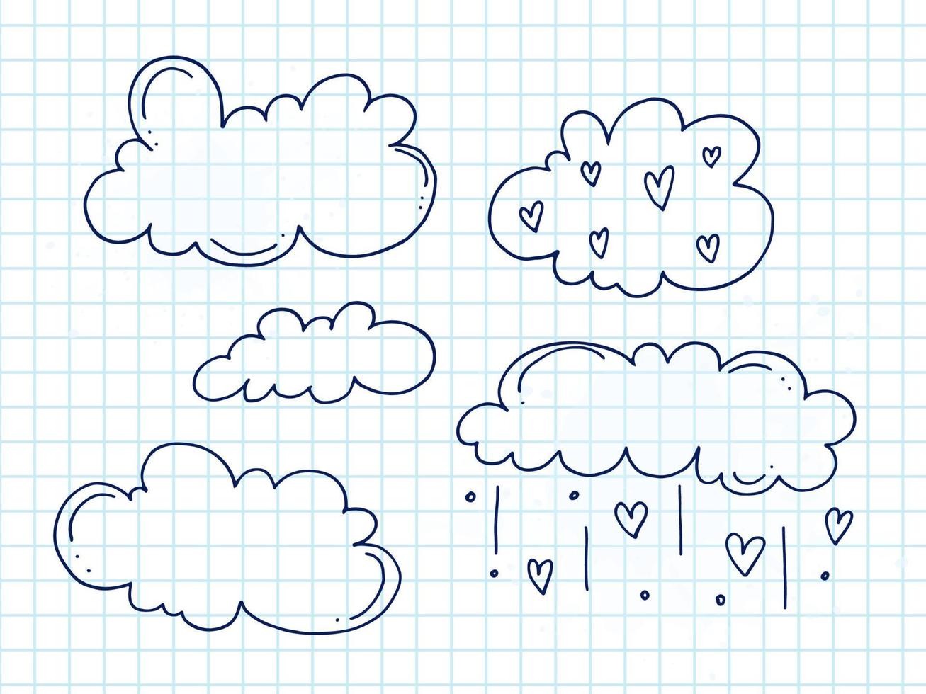 reeks van schattig hand getekend tekening elementen over liefde. bericht stickers voor apps. pictogrammen voor valentijnsdag dag, romantisch evenementen en bruiloft. een geruit notebook. wolken en regen van harten. vector