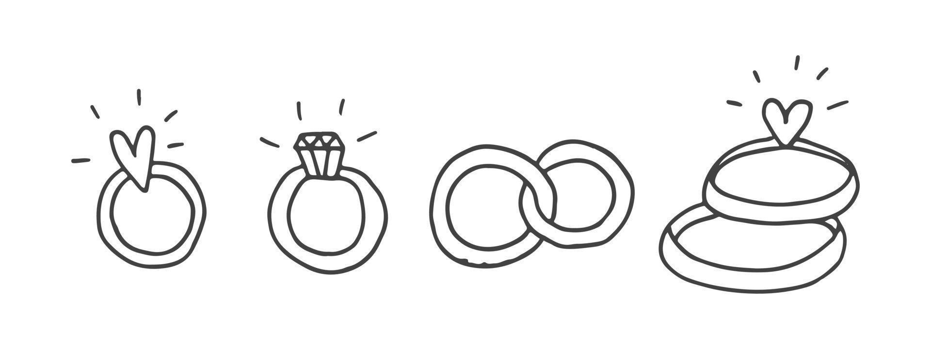reeks van schattig hand getekend tekening elementen over liefde. bericht stickers voor apps. pictogrammen voor valentijnsdag dag, romantisch evenementen en bruiloft. goud ringen met een diamant en een hart. vector