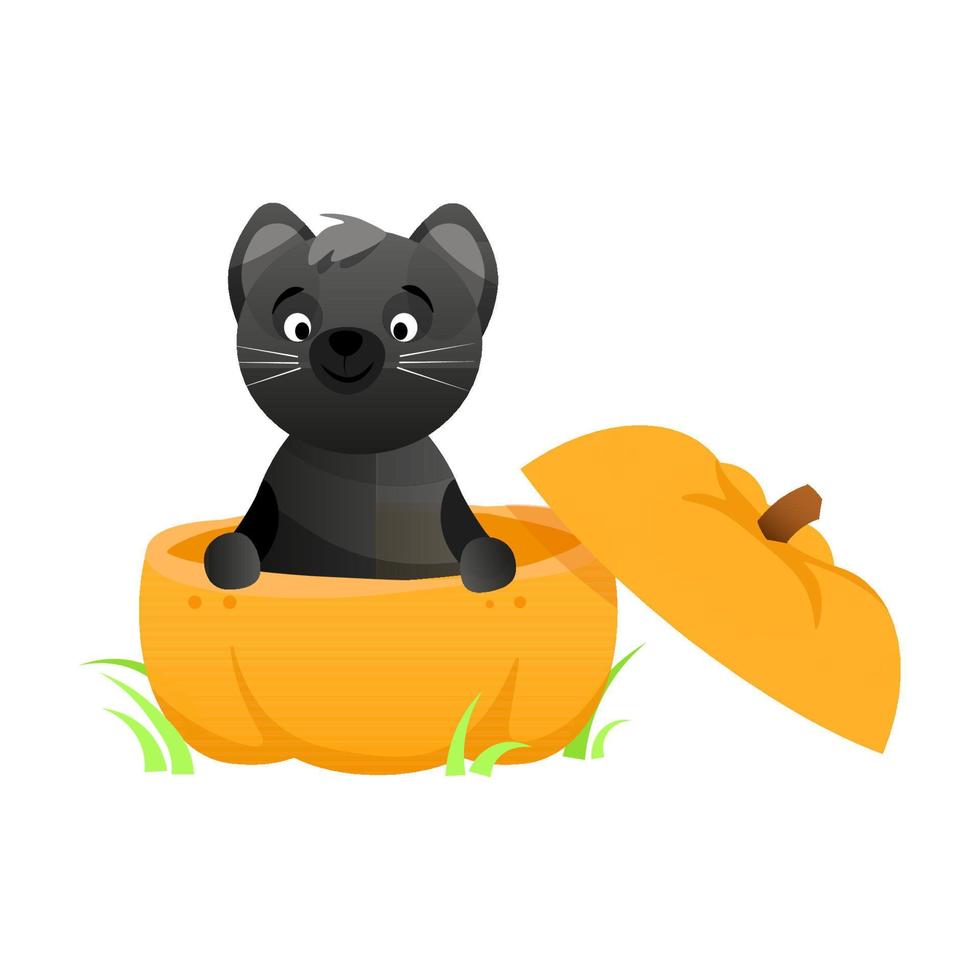 zwart schattig kat zit in een halloween pompoen vector