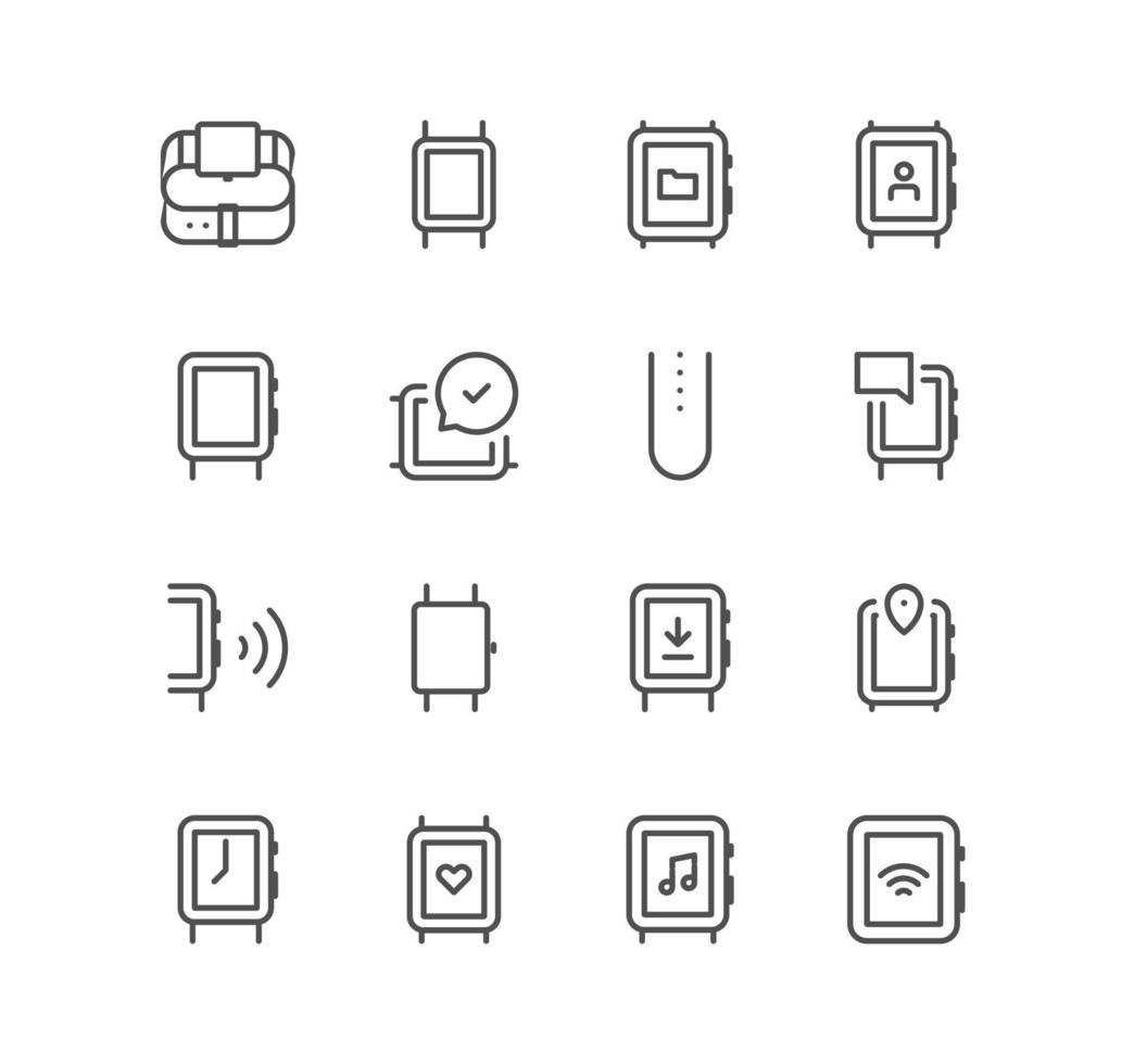 reeks van slim kijk maar en technologie pictogrammen, draagbaar, tijd, draadloze, hart verslaan, muziek, navigatie en lineair verscheidenheid vectoren. vector