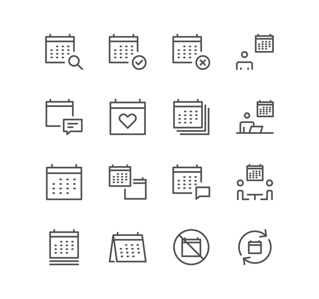 reeks van kalender en afspraak pictogrammen, datum, werken, schema, datum instellingen, vergadering en lineair verscheidenheid vectoren. vector