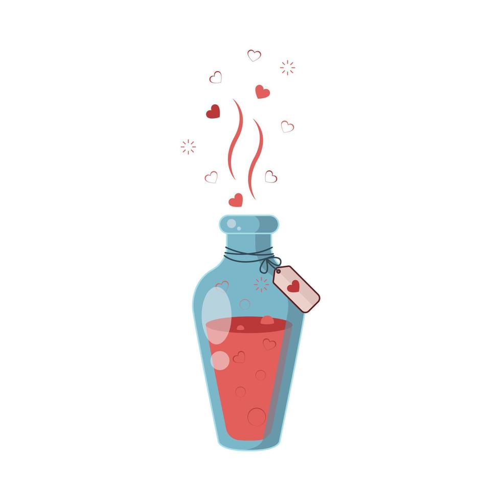 liefde toverdrank. de drinken dat maakt u vallen in liefde met jezelf. flessen van magie elixer. rood vloeistof in glas pot in tekenfilm stijl. vector illustratie in vlak stijl.