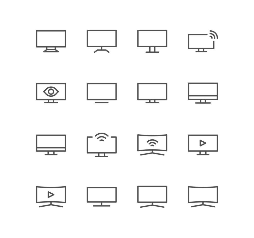 reeks van toezicht houden op en computer pictogrammen, apparaat, scherm, laptop, telefoon, pc, en lineair verscheidenheid vectoren. vector