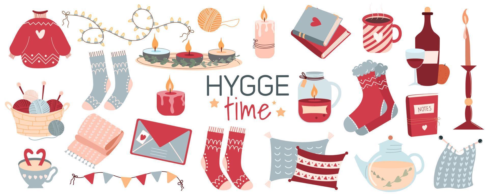 hygge tijd. schattig illustraties met knus artikelen. groot stickers set. geïsoleerd Aan wit achtergrond. vector