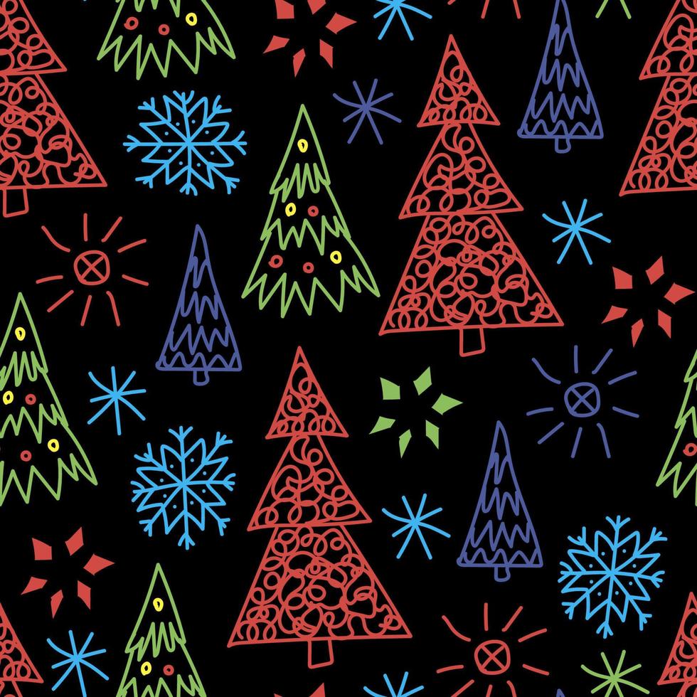gemakkelijk abstract vector naadloos patroon in tekening stijl. veelkleurig sneeuwvlokken, Kerstmis bomen, sterren Aan een zwart achtergrond. voor nieuw jaar, Kerstmis ontwerpen, omhulsel papier, textiel producten.
