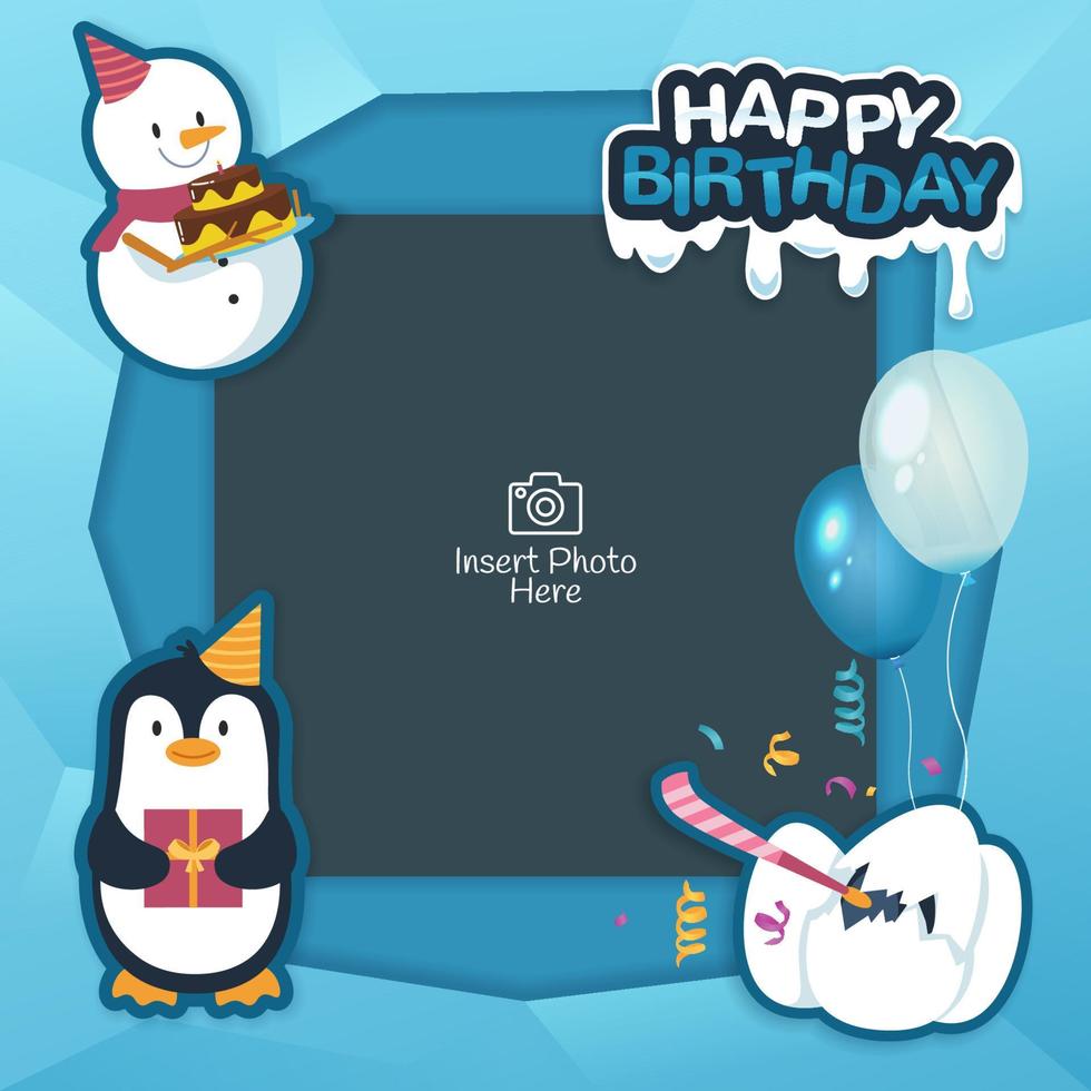 gelukkig verjaardag achtergrond kader met pinguïn en sneeuwman karakter vector