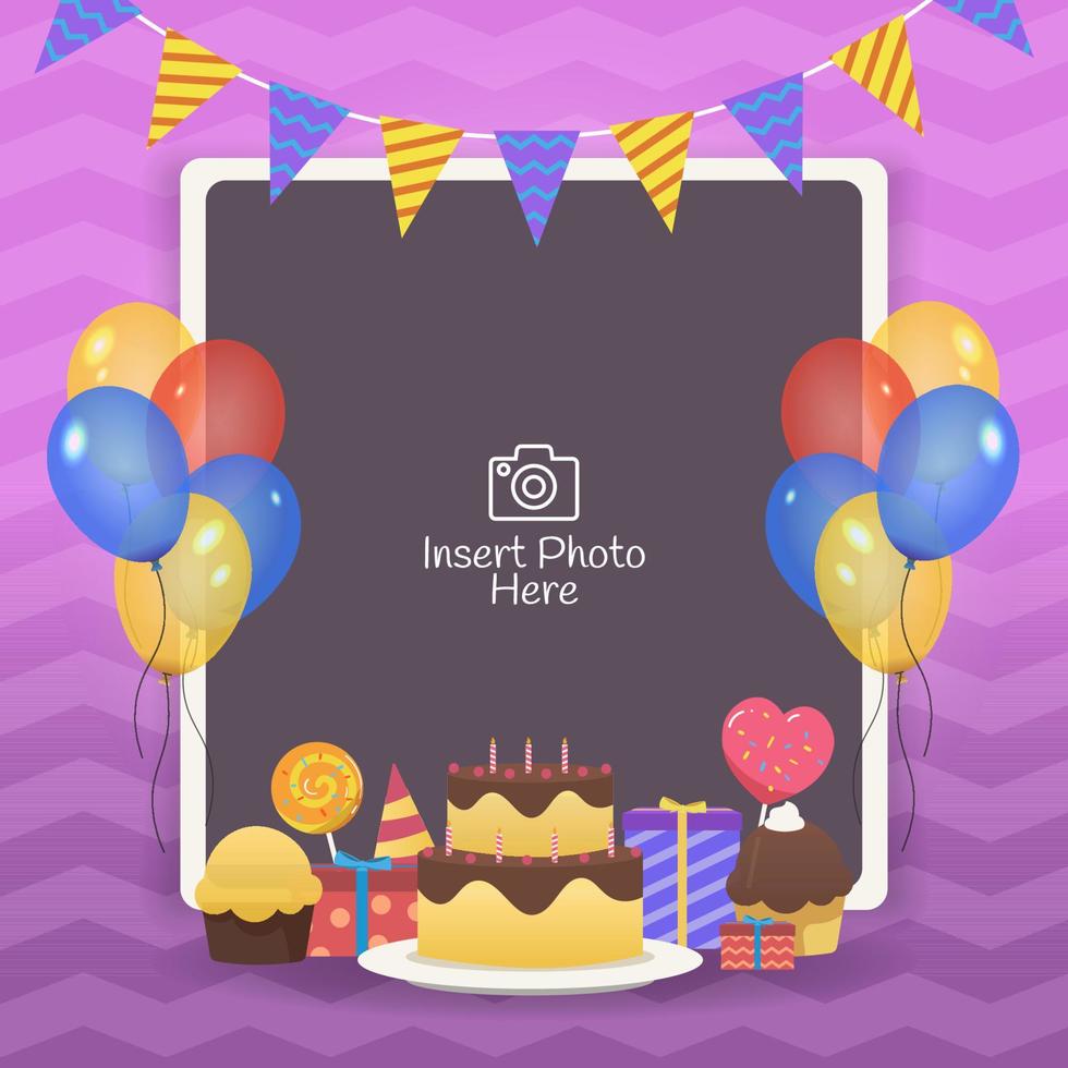 decoratief verjaardag kader met kleurrijk ballonnen, verjaardag cakes en geschenk doos vector