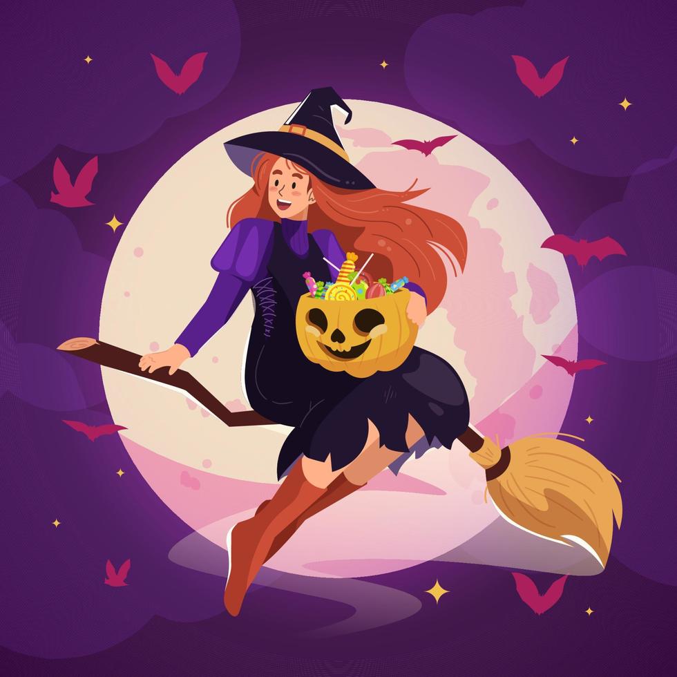 halloween achtergrond met mooi heks vliegend vector