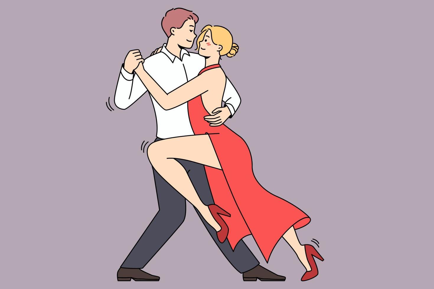 sexy jong vrouw in rood jurk dansen tango samen. sensueel paar genieten romantisch dans. hobby en vrije tijd. vector illustratie.