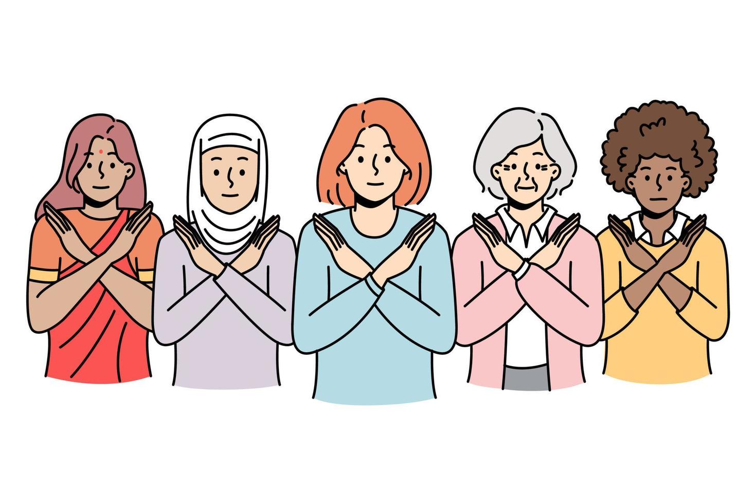 multiraciaal Dames tonen hou op teken protest tegen geslacht of seks discriminatie. interraciaal vrouw groep gebaren remmen de vooroordeel in samenleving. vector illustratie.