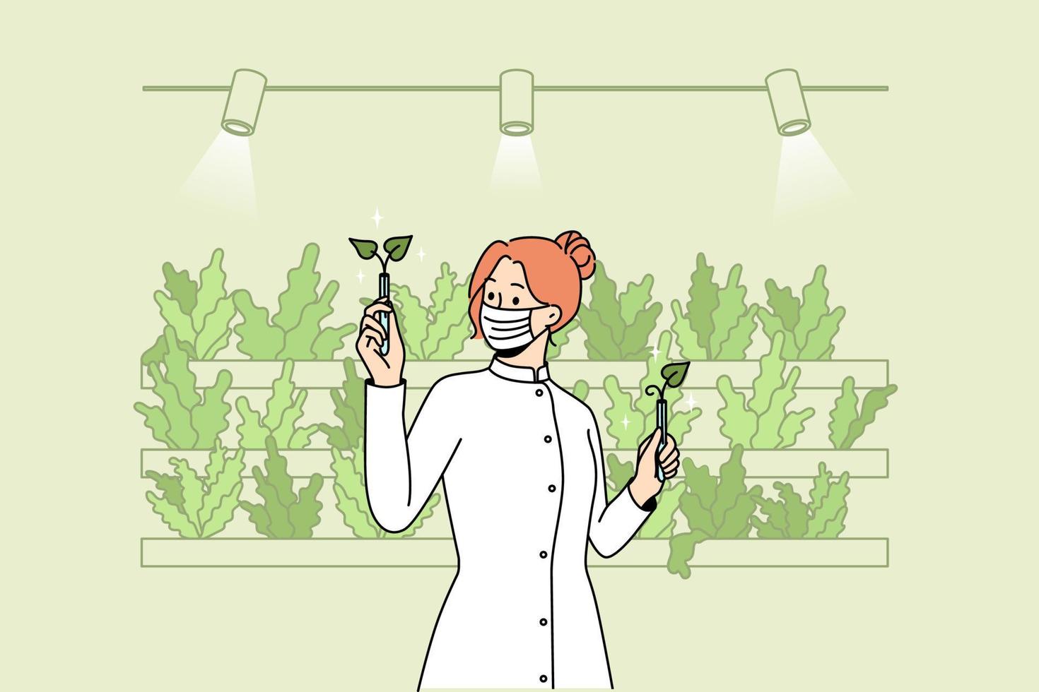 wetenschapper in uniform werken met planten in serre. vrouw aanplant groenten met aquaponics systeem Bij eco boerderij. vector illustratie.