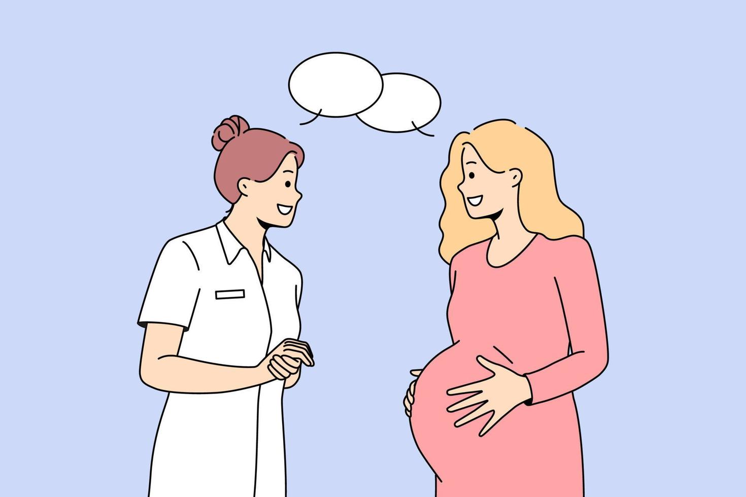 gynaecoloog raadplegen zwanger vrouw Bij ziekenhuis. zorgzaam dokter of verpleegster pratend met toekomst moeder. zwangerschap en moederschap gezondheidszorg. vector illustratie.