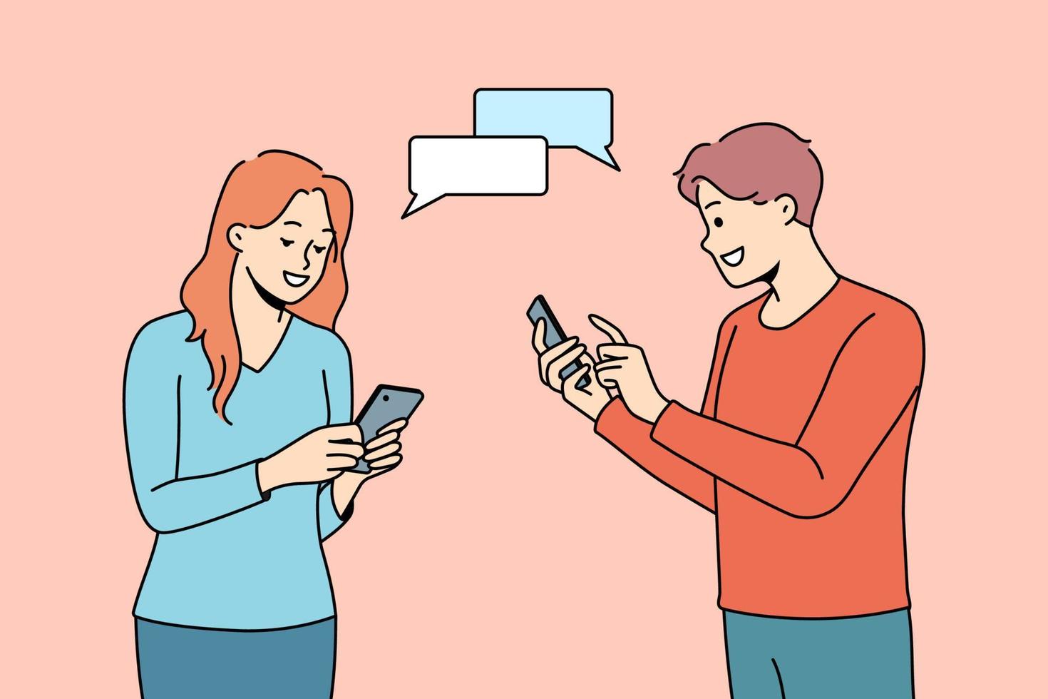 gelukkig Mens en vrouw chatten sms'en online Aan smartphones. glimlachen paar dating Aan internetten. sociaal media toepassing concept. vector illustratie.