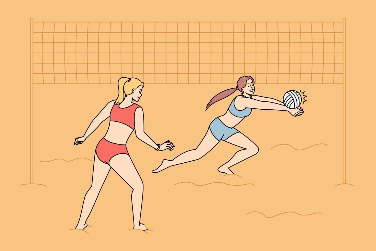 Dames in zwemkleding spelen volleybal Aan strand. glimlachen actief meisjes in bikini betrokken in sport werkzaamheid Aan kust Aan zomer vakantie. vector illustratie.