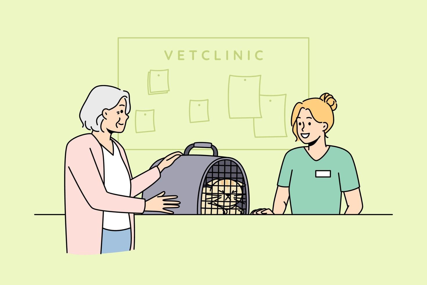 oud vrouw brengen huisdier naar dierenarts kliniek. volwassen vrouw nemen kat in kooi naar veterinair ziekenhuis. huiselijk dieren zorg. vector illustratie.