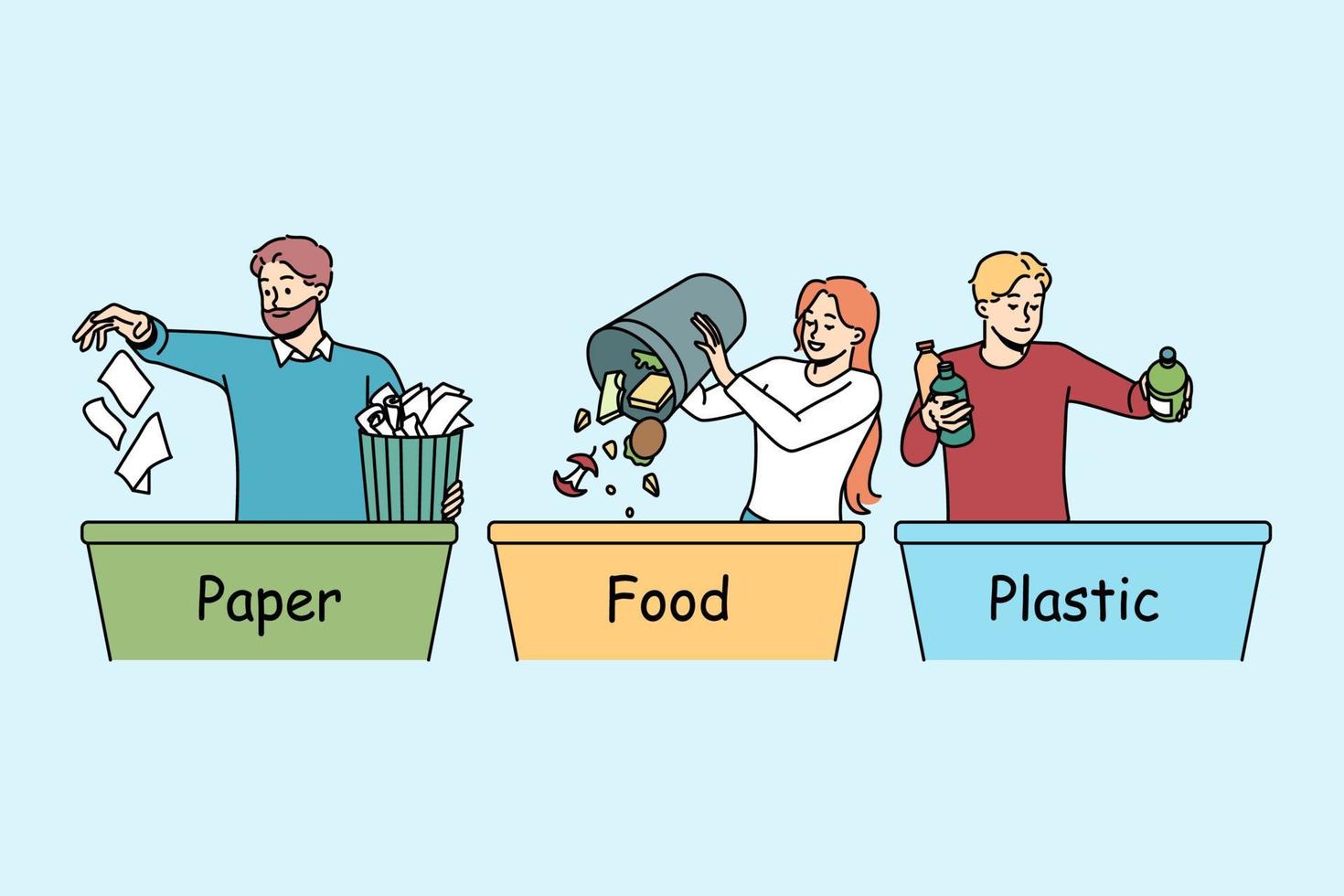 mensen sorteren verspilling in containers. eco vriendelijk vrijwilligers of activisten zorg over omgeving. ecologie beheer concept. vector illustratie.