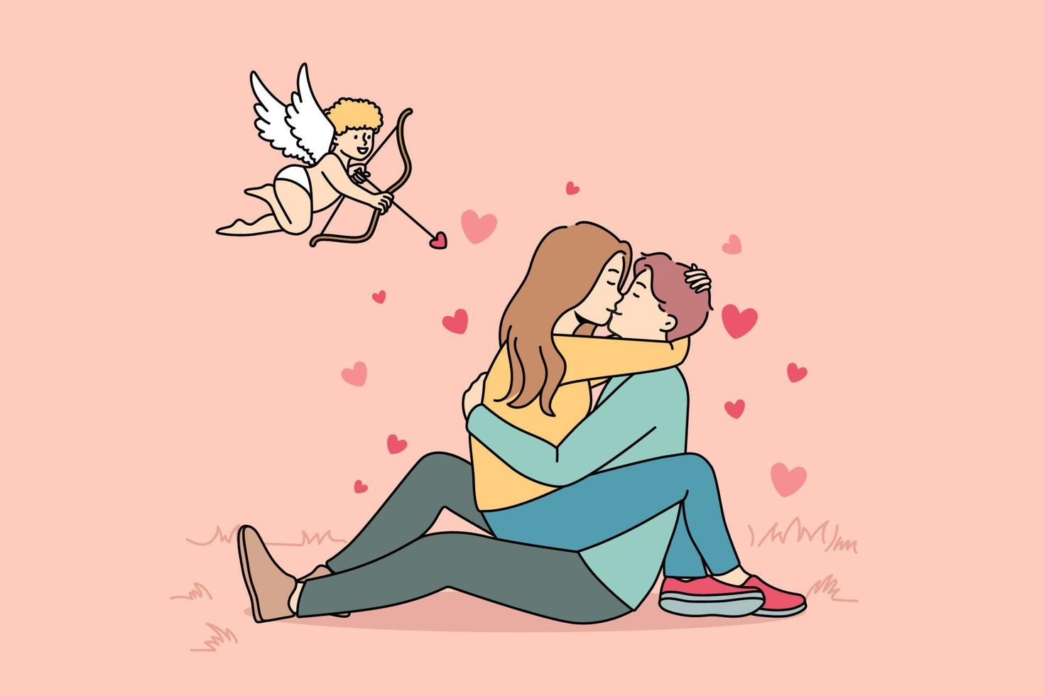 Cupido het schieten met pijlen in naar gelukkig paar kussen. vrouw zittend Aan Mens knuffelen en knuffelen. liefde en relatie. vector illustratie.
