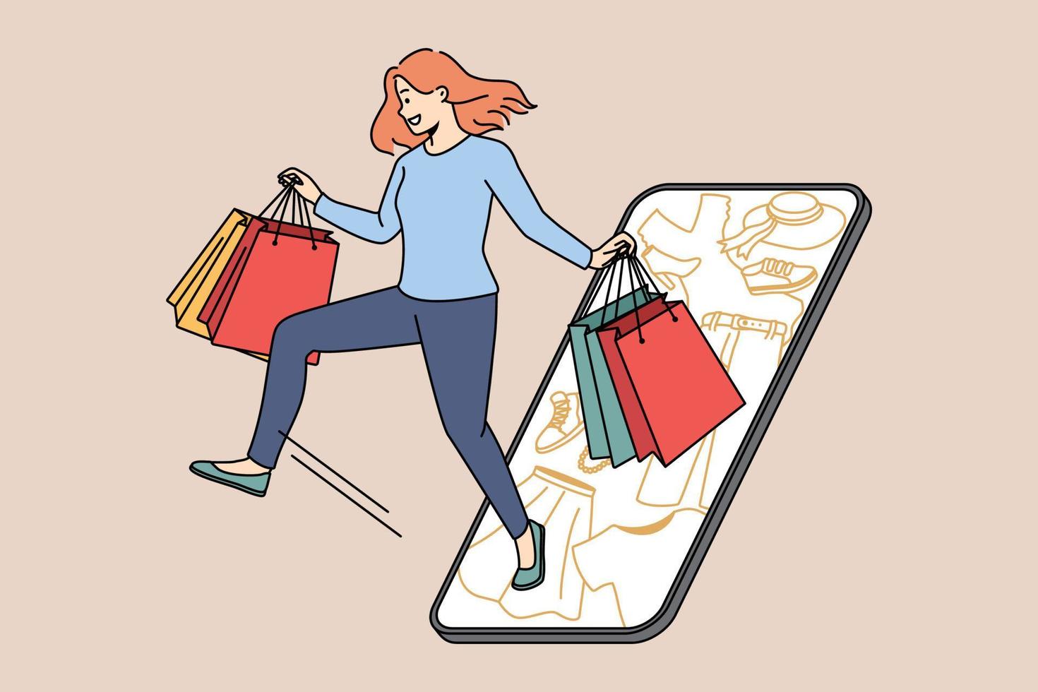 opgewonden jong vrouw met Tassen boodschappen doen online Aan smartphone Aan seizoensgebonden verkoop. glimlachen meisje hebben pret buying Aan internet Aan mobiele telefoon. consumentisme. vector illustratie.