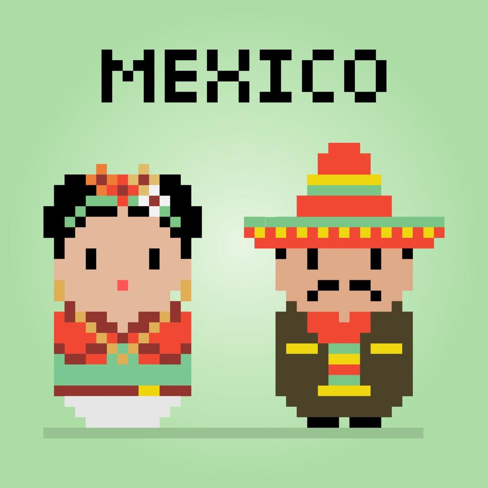 mannelijke en vrouwelijke 8 bit pixels. paren die Mexicaanse uniformen dragen voor kruissteekpatroon in vectorillustratie. vector
