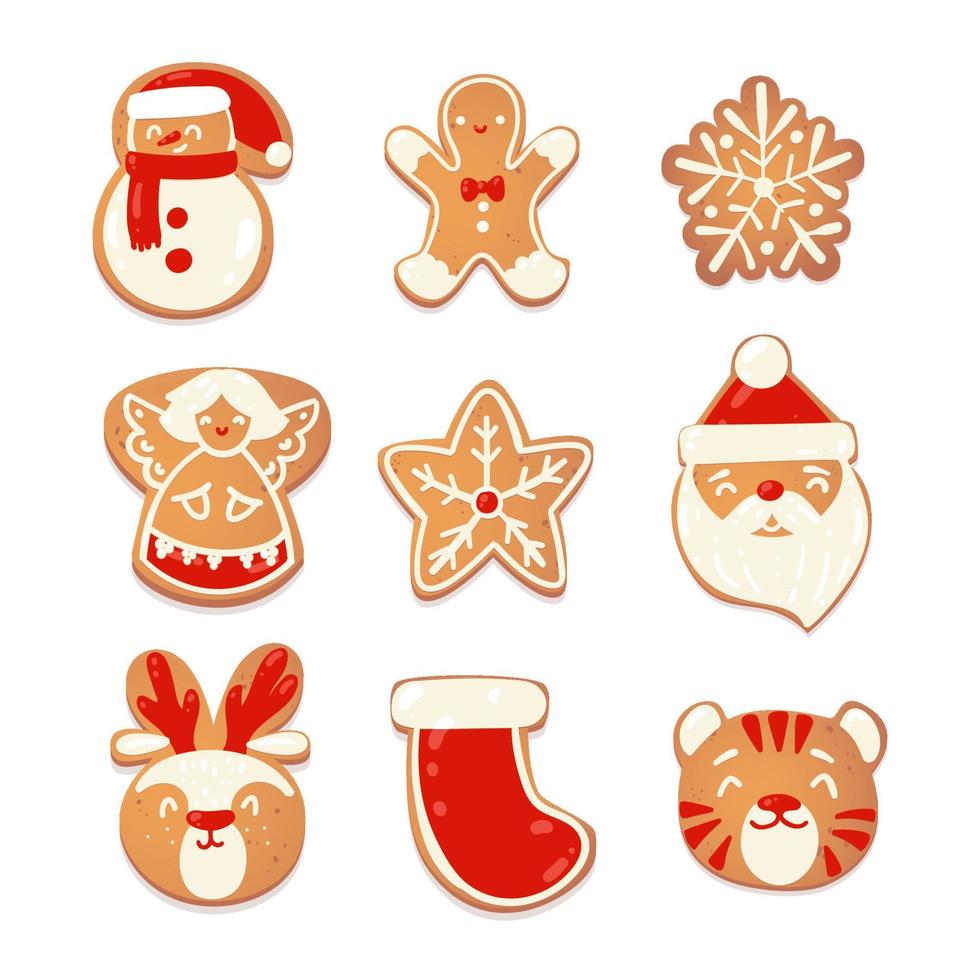 peperkoek Kerstmis schattig koekjes set. biscuit tekens voor nieuw jaar ontwerp. vector tekenfilm illustratie.