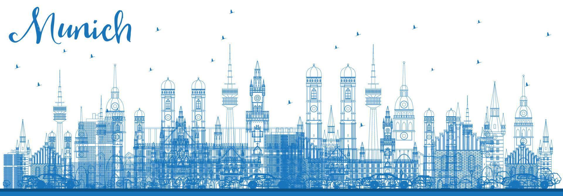 schets de skyline van münchen met blauwe gebouwen. vector