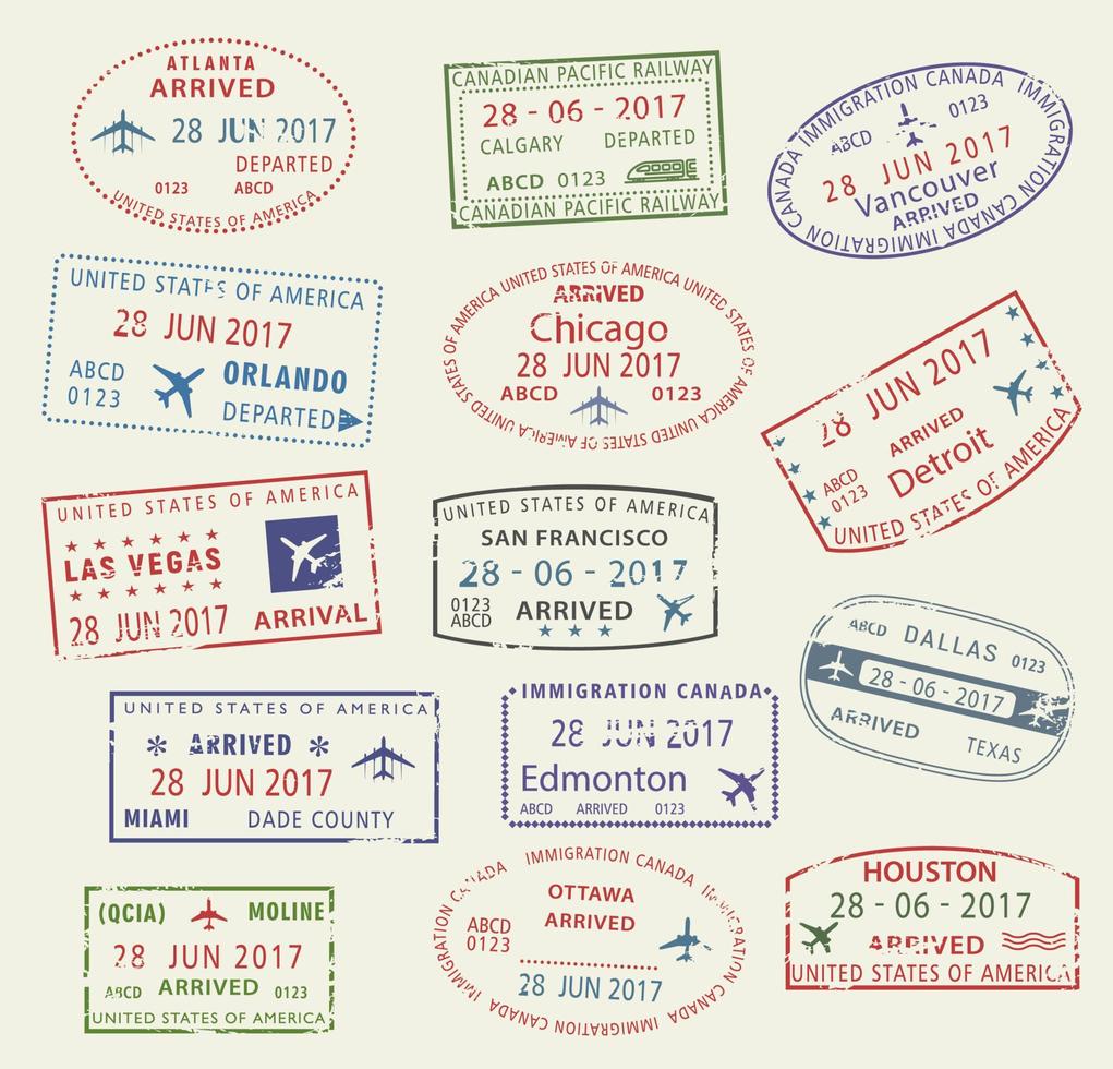 vector pictogrammen reizen stad paspoort postzegel Verenigde Staten van Amerika Canada
