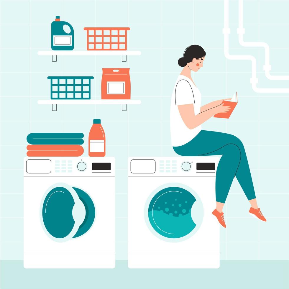 gelukkig vrouw in de wasserij leest een boek. huishouden klusjes, huiswerk, huisvrouw. het wassen kleren. vlak vector illustratie