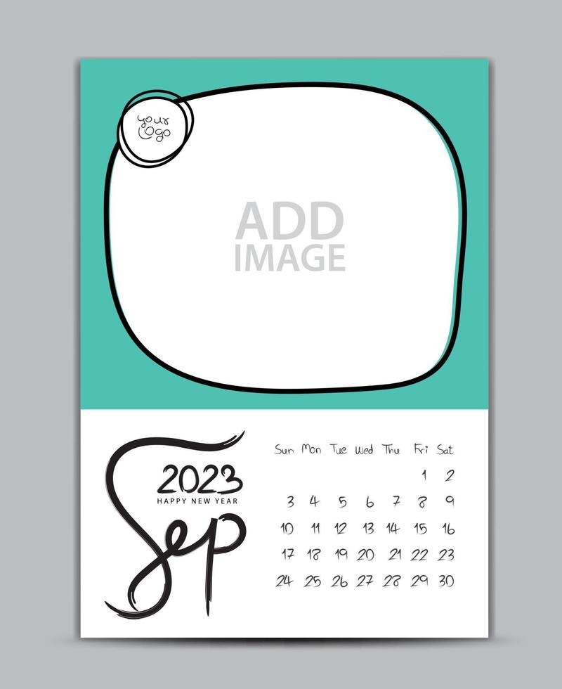 kalender 2023 jaar ontwerp - september 2023, muur kalender 2023 jaar, belettering kalender, bureau kalender sjabloon, week begint Aan zondag, afdrukken, advertentie, groen achtergrond, vector