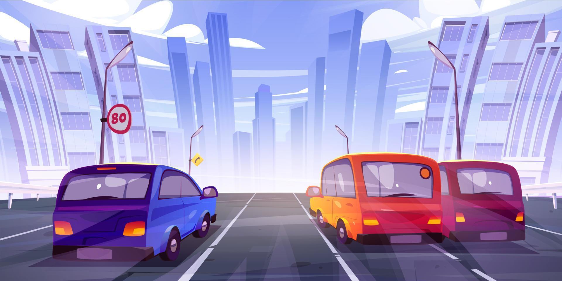 auto's het rijden Bij snelweg achterzijde visie Aan stadsgezicht vector