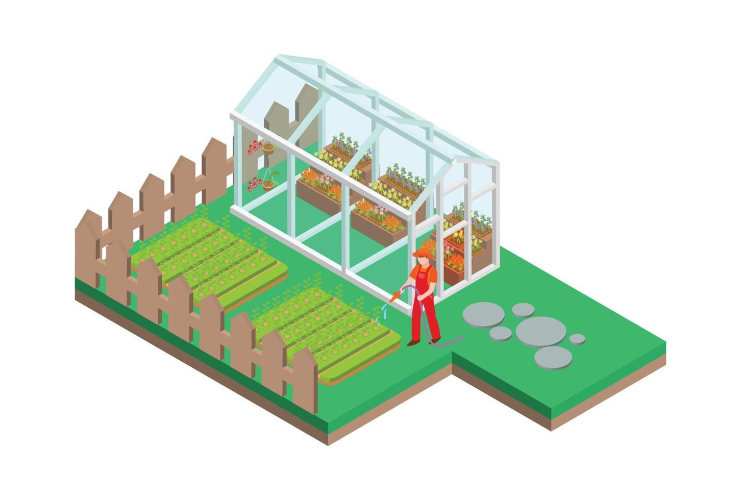 isometrische kas met glas muren, fundamenten, geveltop dak, tuin bed. massa boerderij voor groeit planten. geschikt voor diagrammen, infografieken, boek illustratie, spel Bedrijfsmiddel, en andere grafisch verwant vector