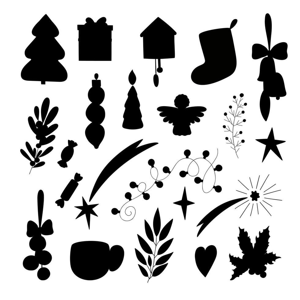 Kerstmis element silhouet reeks hulst plant, geschenk, wanten, dennenboom, guirlande, decoratie hand- getrokken in gemakkelijk tekening stijl voor winter vakantie groet kaarten, uitnodigingen, spandoeken, decor, stickers vector