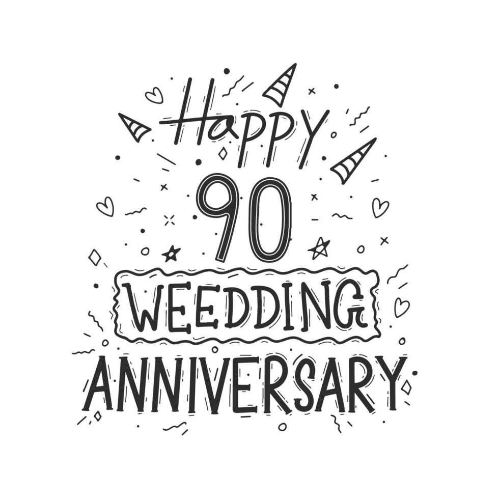 90 jaren verjaardag viering hand- tekening typografie ontwerp. gelukkig 90ste bruiloft verjaardag hand- belettering vector