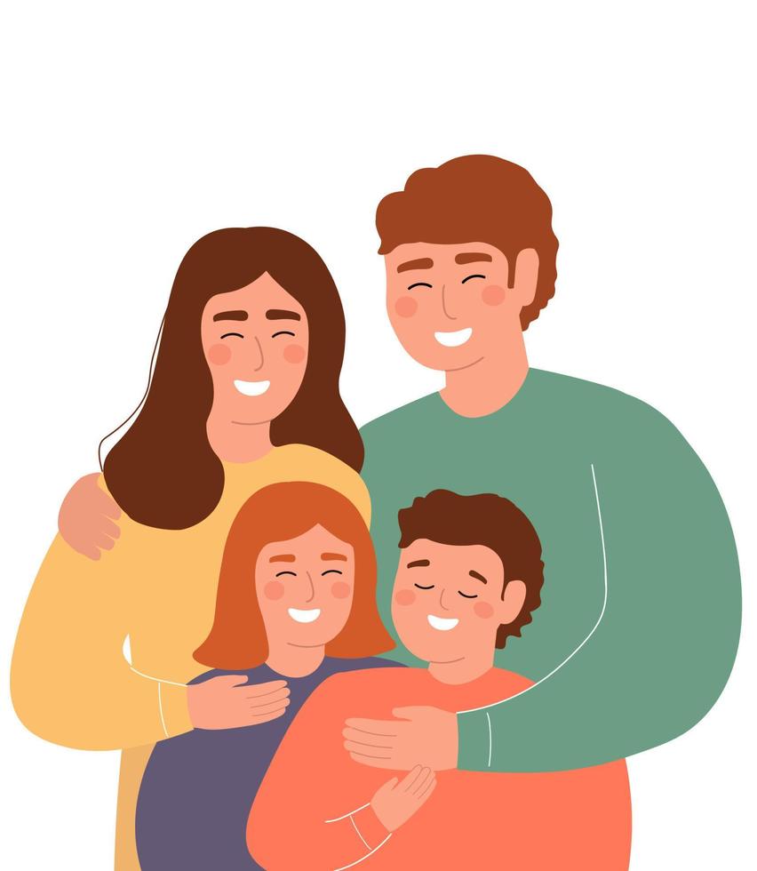 gelukkig familie knuffels. mama, pa, zoon, dochter samen. vector grafiek.