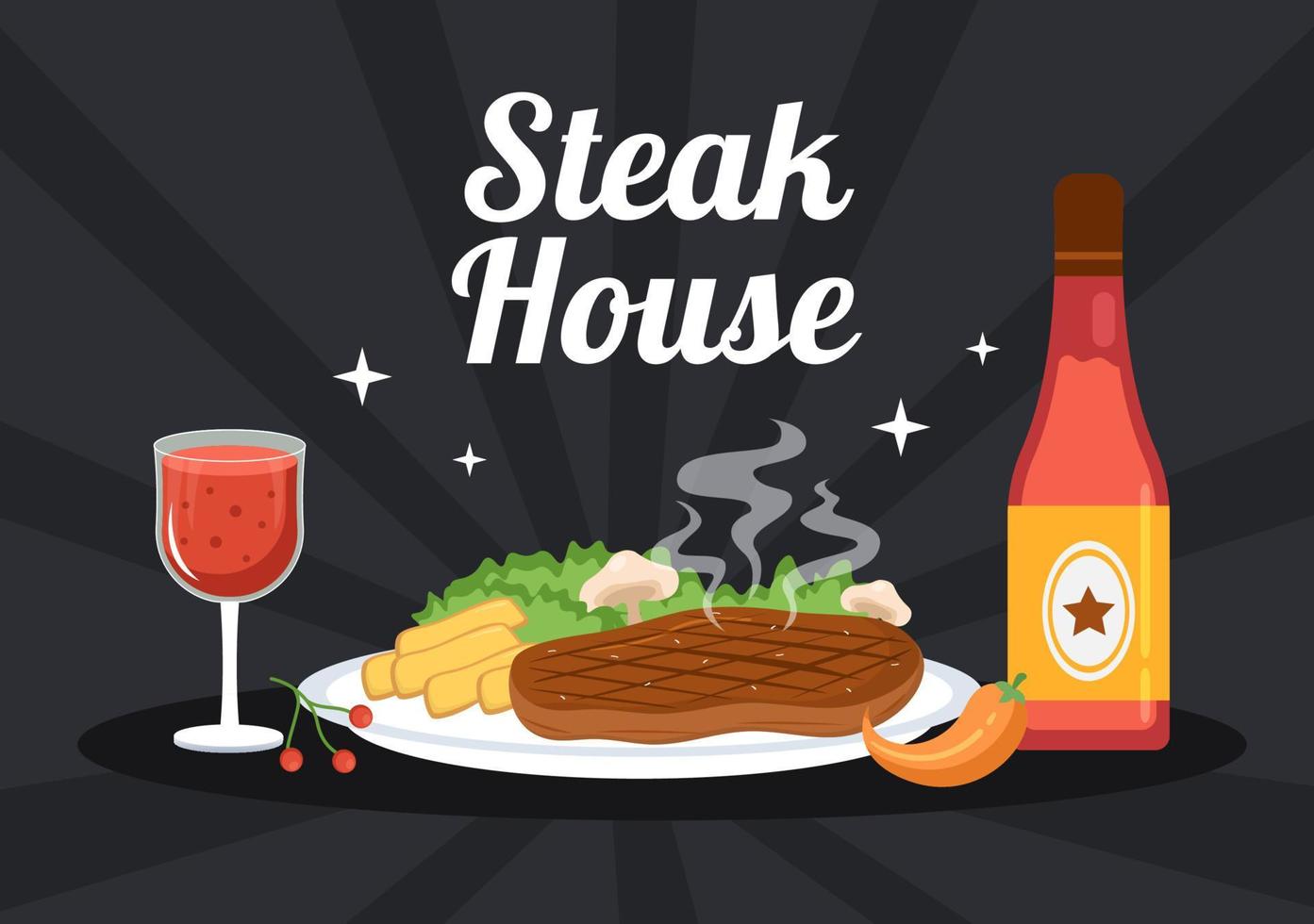 Steak-restaurant van gegrild vlees met sappig heerlijk steak, salade en tomaten voor barbecue in vlak tekenfilm hand- getrokken sjabloon illustratie vector