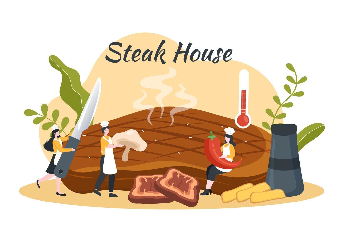 Steak-restaurant van gegrild vlees met sappig heerlijk steak, salade en tomaten voor barbecue in vlak tekenfilm hand- getrokken sjabloon illustratie vector