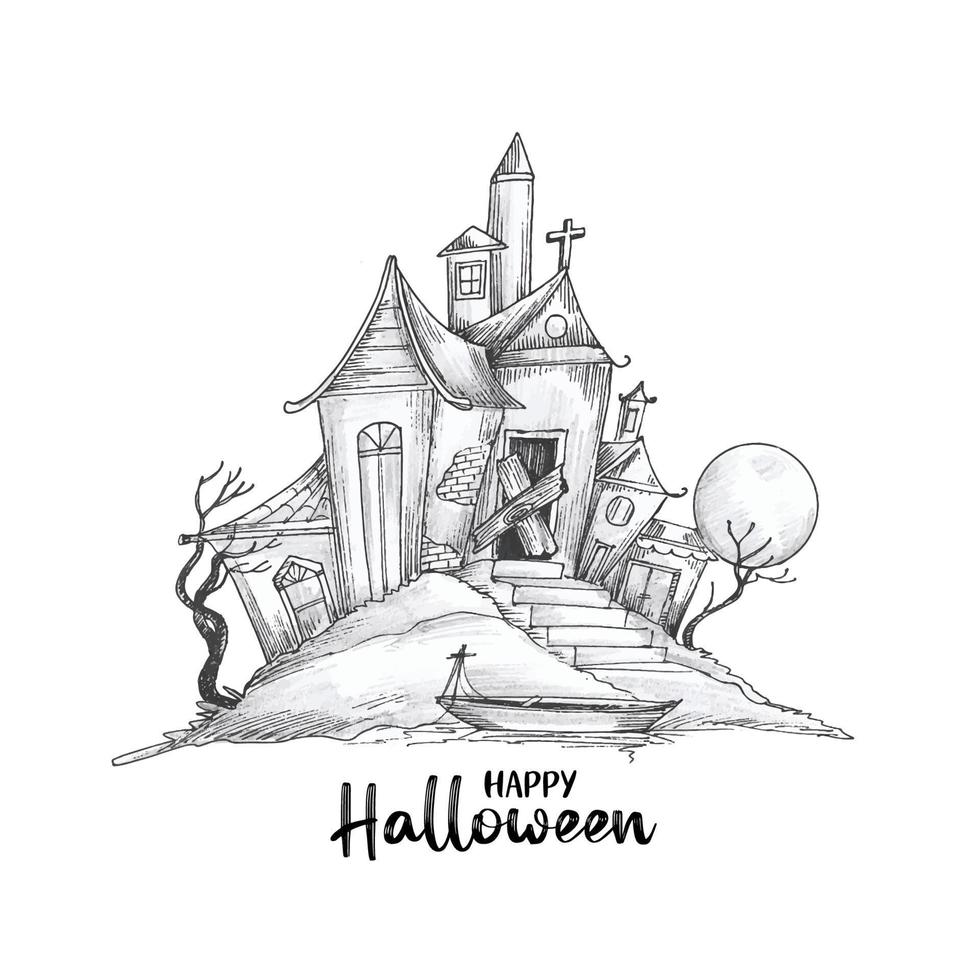 gelukkig halloween festival achtergrond met achtervolgd huis ontwerp vector